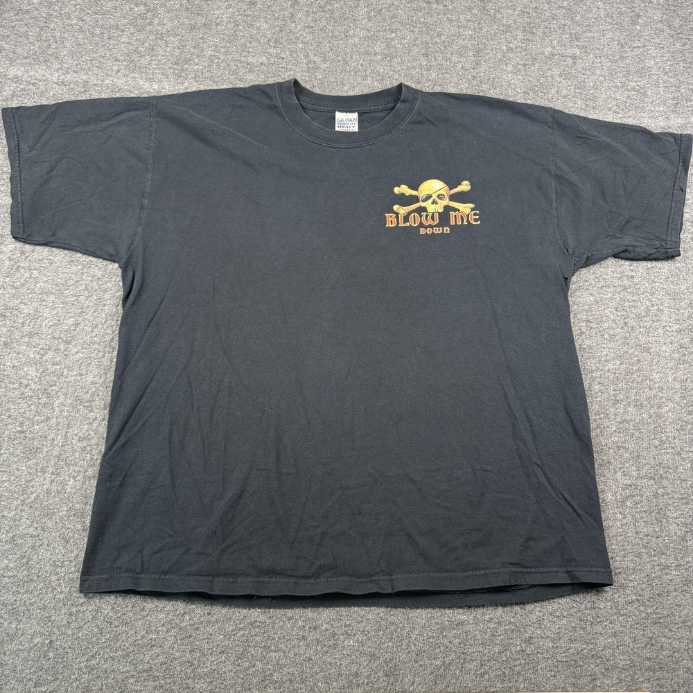 Blow Me Down Skull Shirt Mens XL Black Pirate Party Trashed Distressed Y2K 2000s